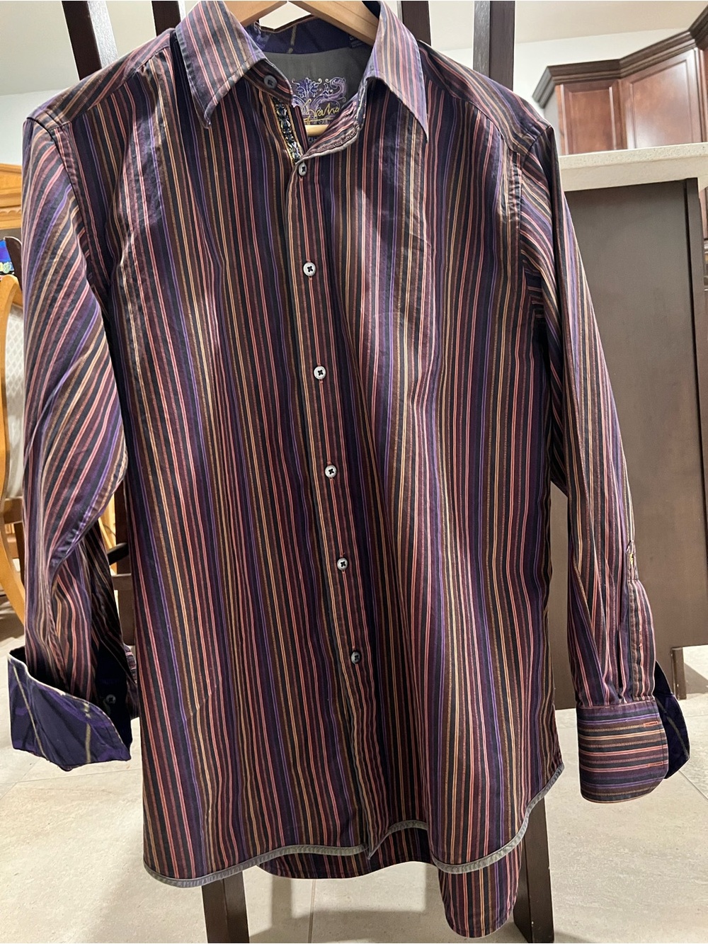 Robert Graham Classic Fit Shirt Dark Stripe Purple Paisley Cuff Medium Men's